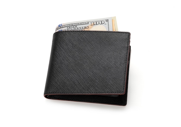 Closeup of top view leather black wallet with dollar banknote on white background.Isolated with clipping path photo.