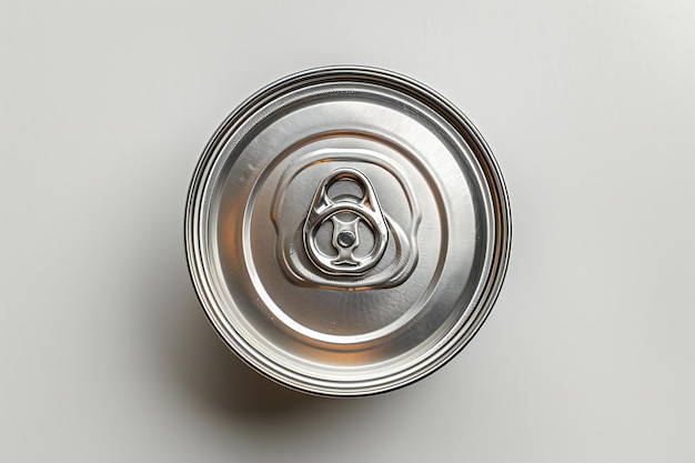 Photo closeup top view of a metal food can with pull tab isolated on a white background an isolated blank