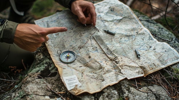 Photo a closeup of a topographic map spread out on a rock compass