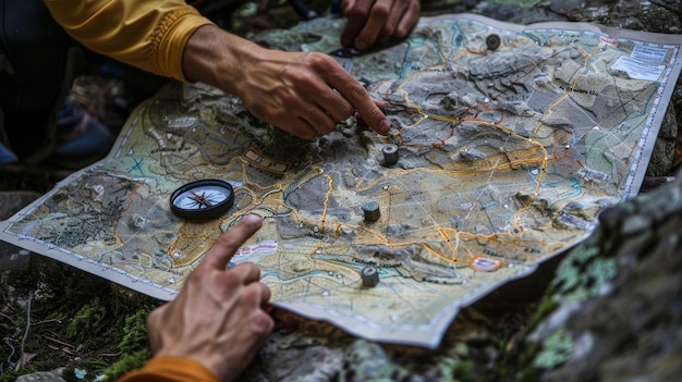 A closeup of a topographic map spread out on a rock compass