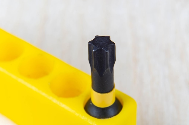 Closeup of a torx type screwdriver bit