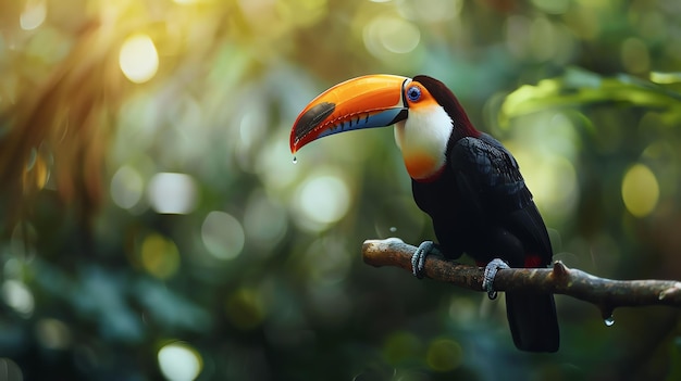 A closeup of a toucan sitting on a branch in the rainforest The toucan has a large colorful beak and is looking at the camera