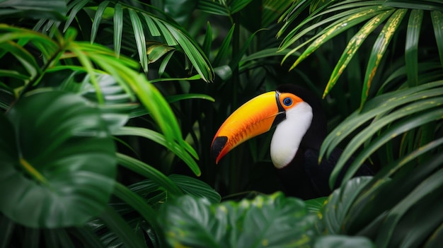 Photo closeup of a toucan with its striking beak nestled among vibrant green leaves in a tropical forest showcasing natural beauty