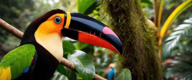 Closeup of a toucans colorful beak and eye showcasing its vibrant feathers