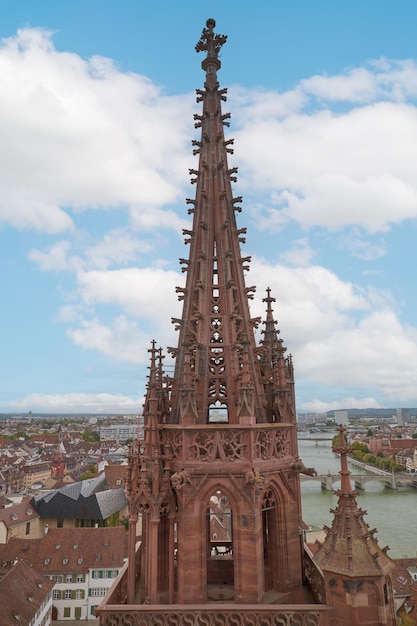 Closeup of the tower of the Basel cathedral in Switzerland