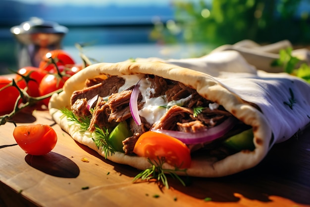 Photo a closeup of a traditional greek gyro on wooden table