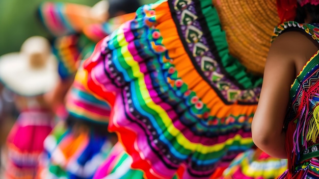 A closeup of a traditional Mexican dress with a colorful pattern