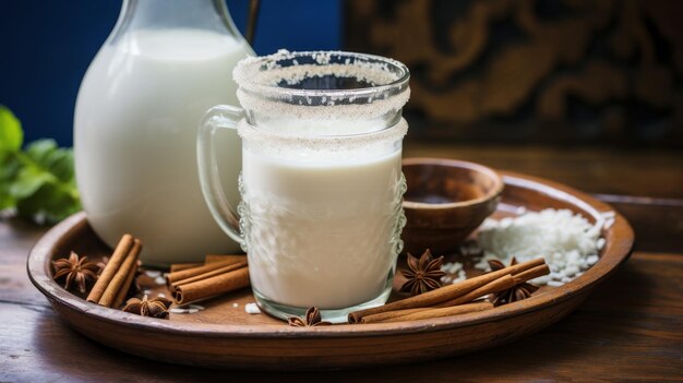 Closeup of traditional mexican horchata or agua fresca beverage a refreshing ricebased drink