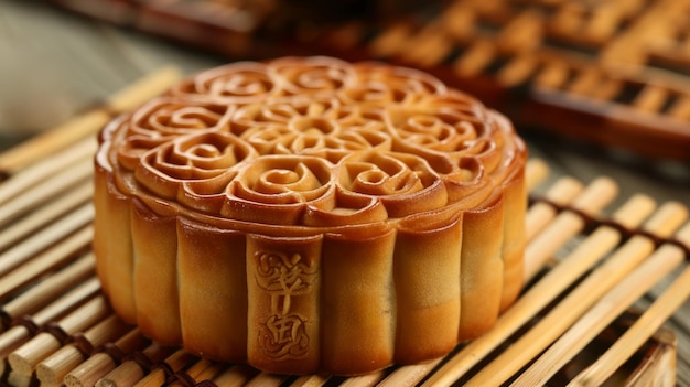 Closeup Traditional mooncake on a bamboo mat copy space MidAutumn Festival and Chinese culture