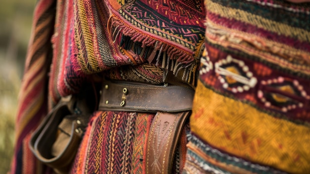 Closeup of traditional woven fabric with intricate patterns vibrant colors and a leather belt showcasing cultural textile art