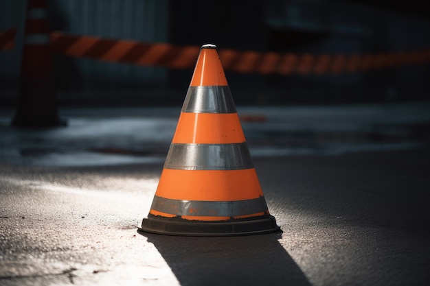 Closeup of traffic cone with its reflective stripes and triangle visible