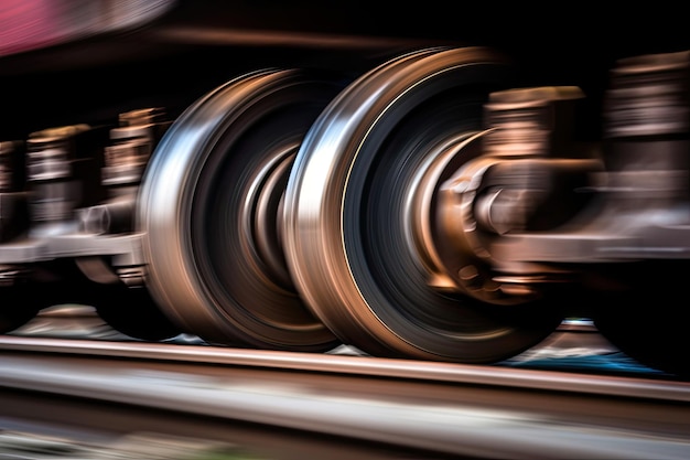 Closeup of train wheels rolling over tracks with the blur of motion