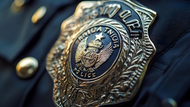 A closeup of a transit police officers badge and insignia showcasing intricate details and textures with a light solid color background