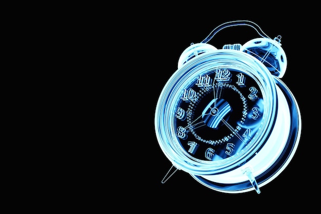 Closeup transparent blue neon clock retro alarm clock on black background 3D illustration