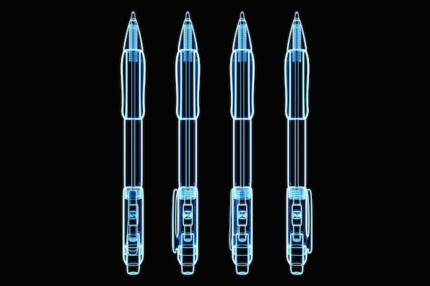 Closeup of transparent blue neon pens on a black background 3D illustration Stationery