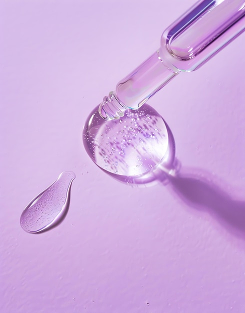 Closeup of a transparent pipette dispensing liquid against a bright purple background highlighting the purity of the liquid