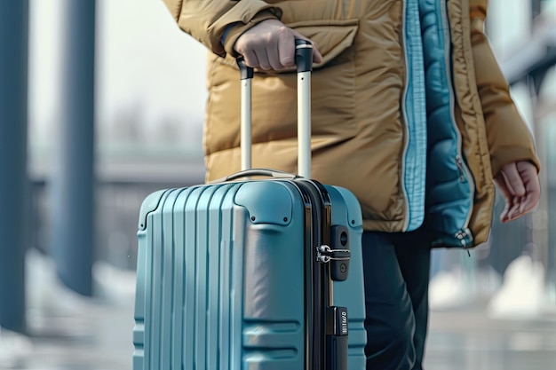 Closeup traveler holding his luggage