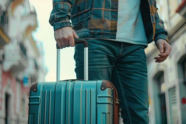 Closeup traveler holding his luggage