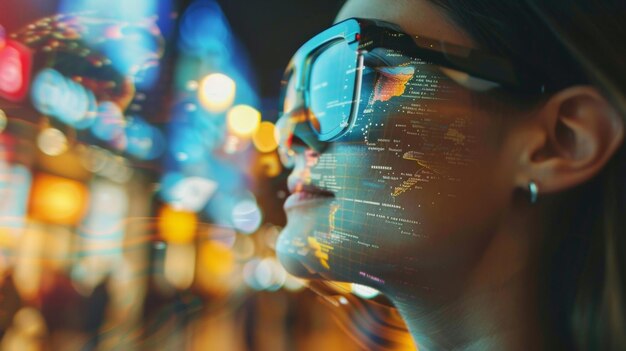 A closeup of a travelers face wearing ar glasses a look of wonder and excitement on their face as