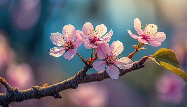 Closeup of tree branch with pink blossoms blue blurred backdrop Beautiful flowers Spring season