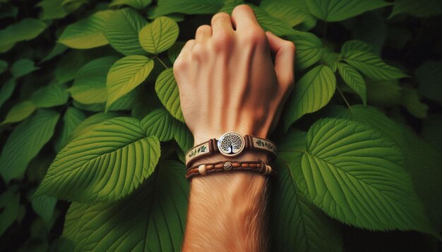 Photo closeup of a tree hugger bracelet on a wrist surrounded by green leaves