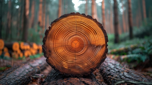 Photo closeup of a tree trunk crosssection showing growth rings in a forest setting