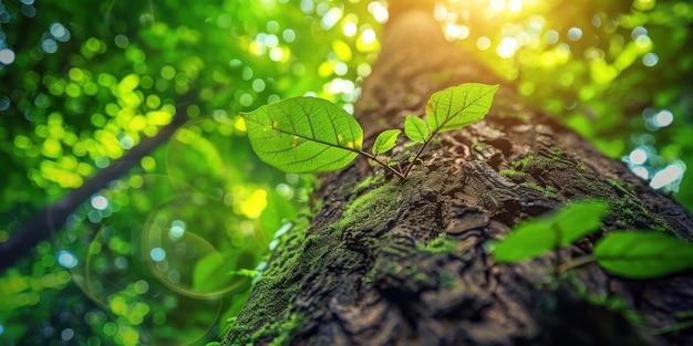 Closeup of a tree trunk with leaves in sunlight capturing the beauty of nature and forest tranquility