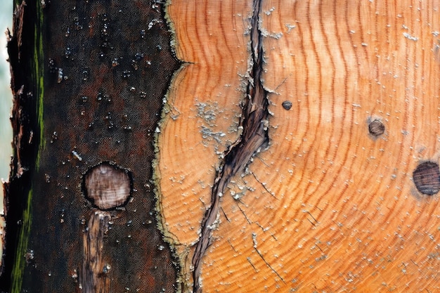 Closeup of tree trunk with saw marks and chainsaw oil visible