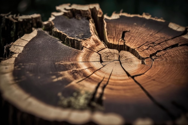 Closeup of tree trunk with visible saw cuts from clearcutting