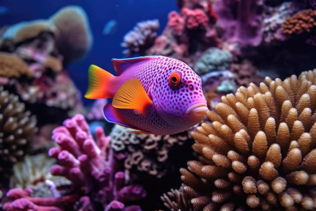 Closeup of tropical fish nibbling on coral