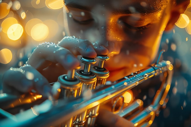 Photo closeup of a trumpet playeras lips and fingers as they perform with bright stage lights