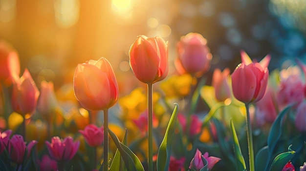 A closeup of tulips blooming in the sunshine