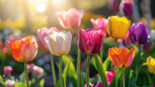 A closeup of tulips blooming in the sunshine