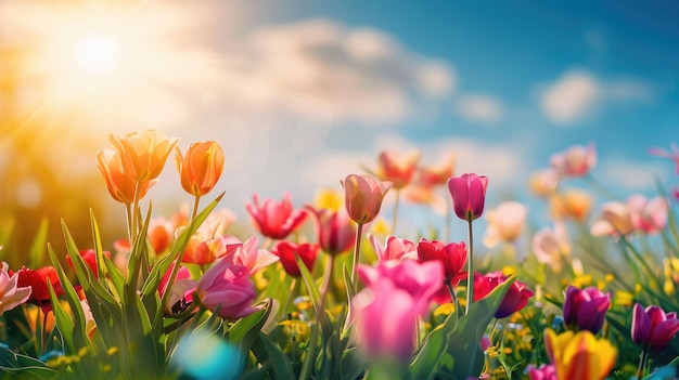 A closeup of tulips blooming in the sunshine