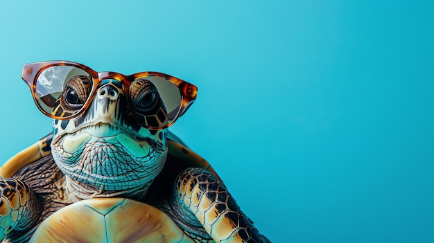 Closeup of a turtle wearing sunglasses against a blue background