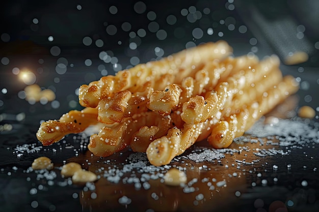 Photo a closeup of twisted goldenbrown snacks dusted with salt on a dark surface