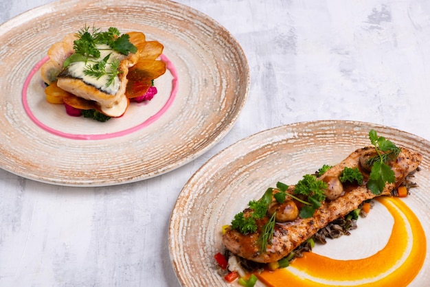 A closeup of two beautiful and tasty food on plates isolated on a grey background