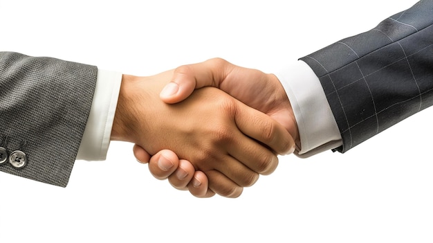 Closeup of two businessmen shaking hands on a white background