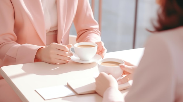 Closeup of two businesswomen sitting in cafe and drinking coffee