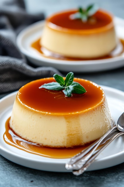 Photo closeup of two caramel flans beautifully presented on white plates with spoons draped in soft fabric