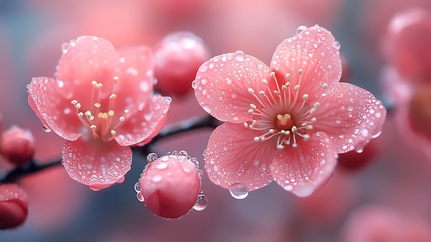 Photo closeup of two delicate pink blossoms with dew drops