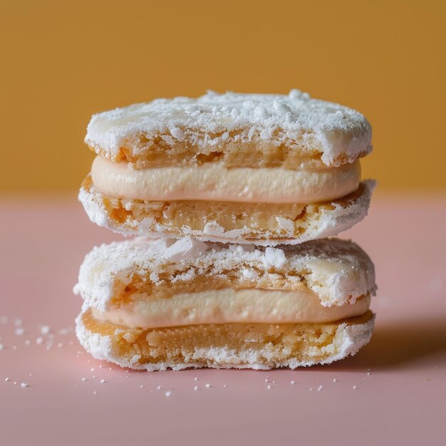 Closeup of two delicious chocolate macarons with vanilla cream filling on a yellow background