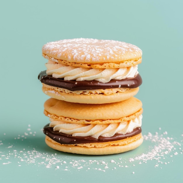 Closeup of two delicious chocolate macarons with vanilla cream filling on a yellow background