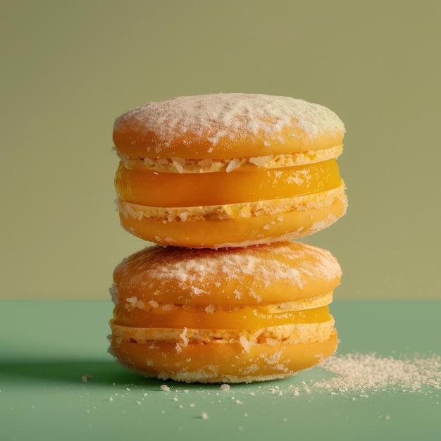 Closeup of two delicious lemon macarons with vanilla cream filling on a green background