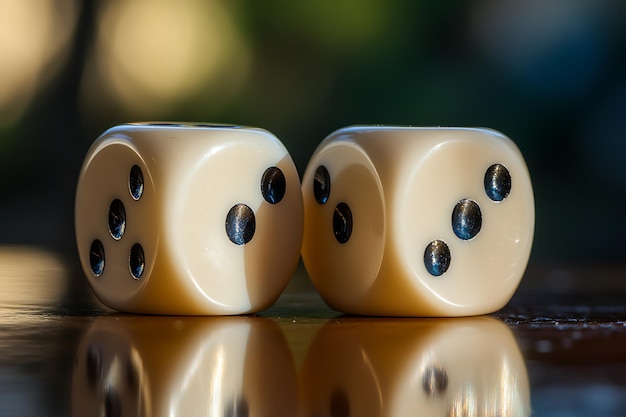 Photo closeup of two dice with three and four on a shiny surface