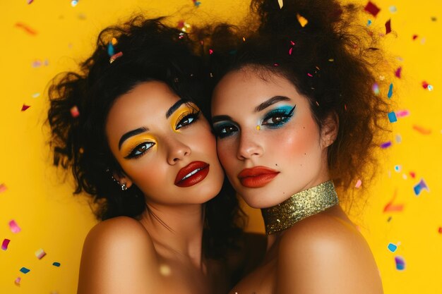 CloseUp of Two Diverse Women in Witch Costumes with Shiny Confetti