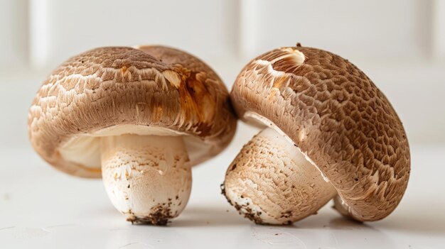 Closeup of two fresh raw shiitake mushrooms on white floor