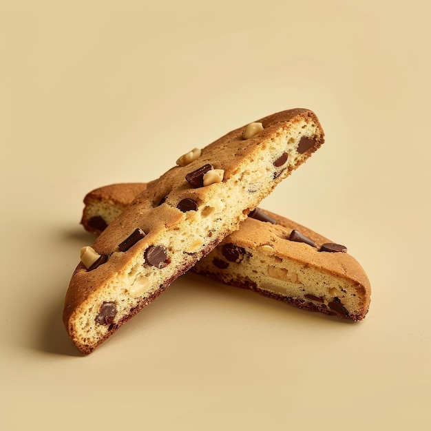 Closeup of two freshly baked chocolate chip biscotti with a crunchy texture and golden brown