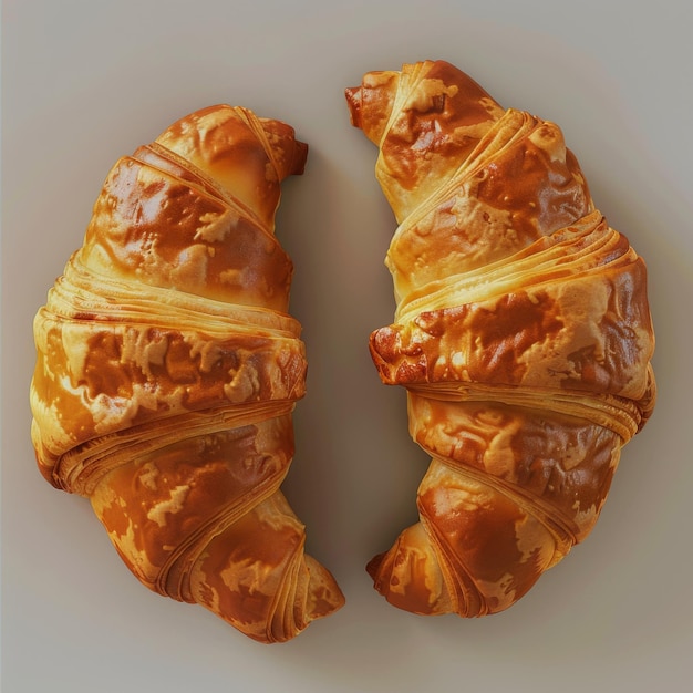 Closeup of two freshly baked croissants on a neutral background highlighting their flaky layers