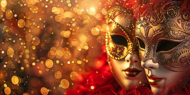 Closeup of two golden masquerade masks with red feathers against a sparkling background